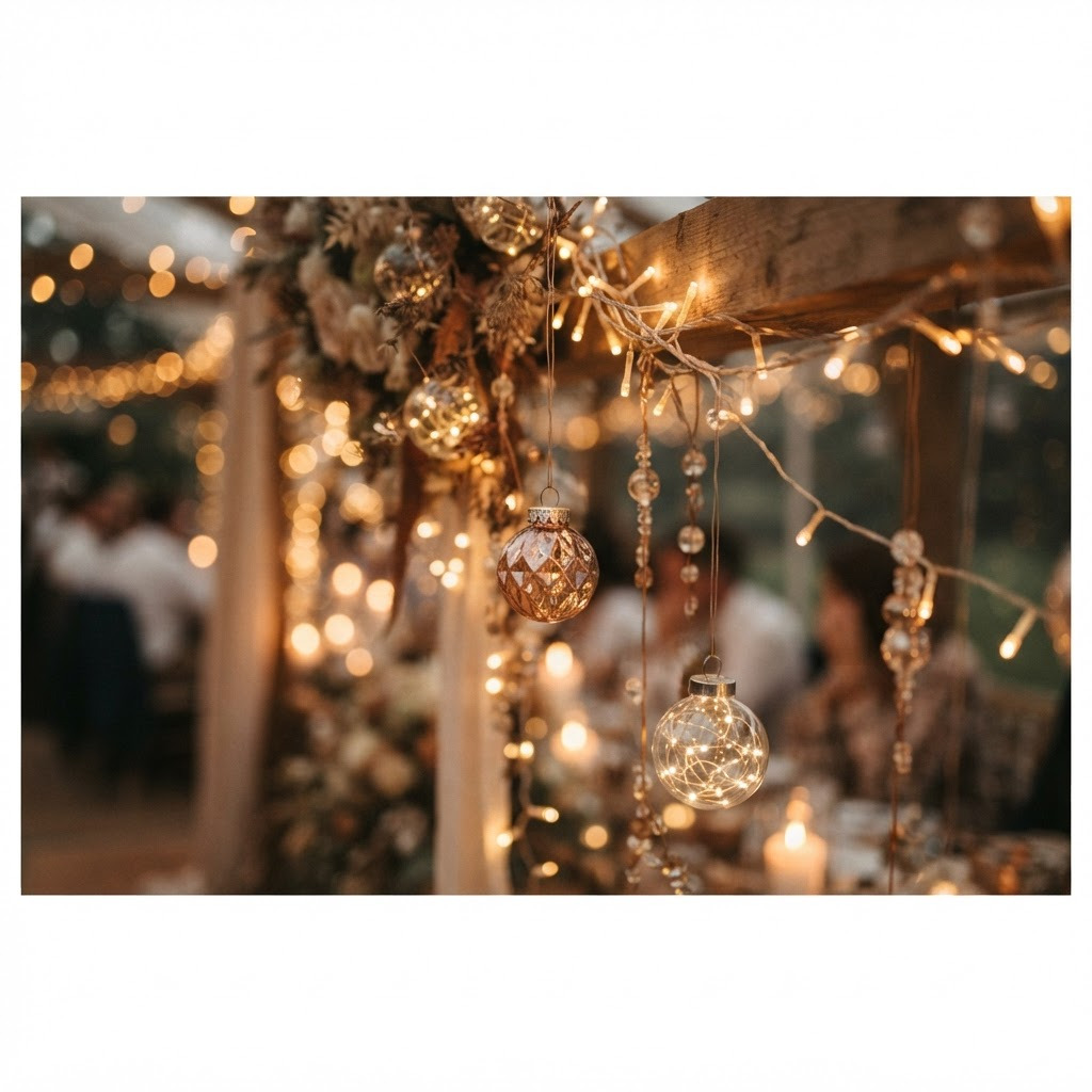 Warm string lights and glass ornaments glowing at a wedding celebration