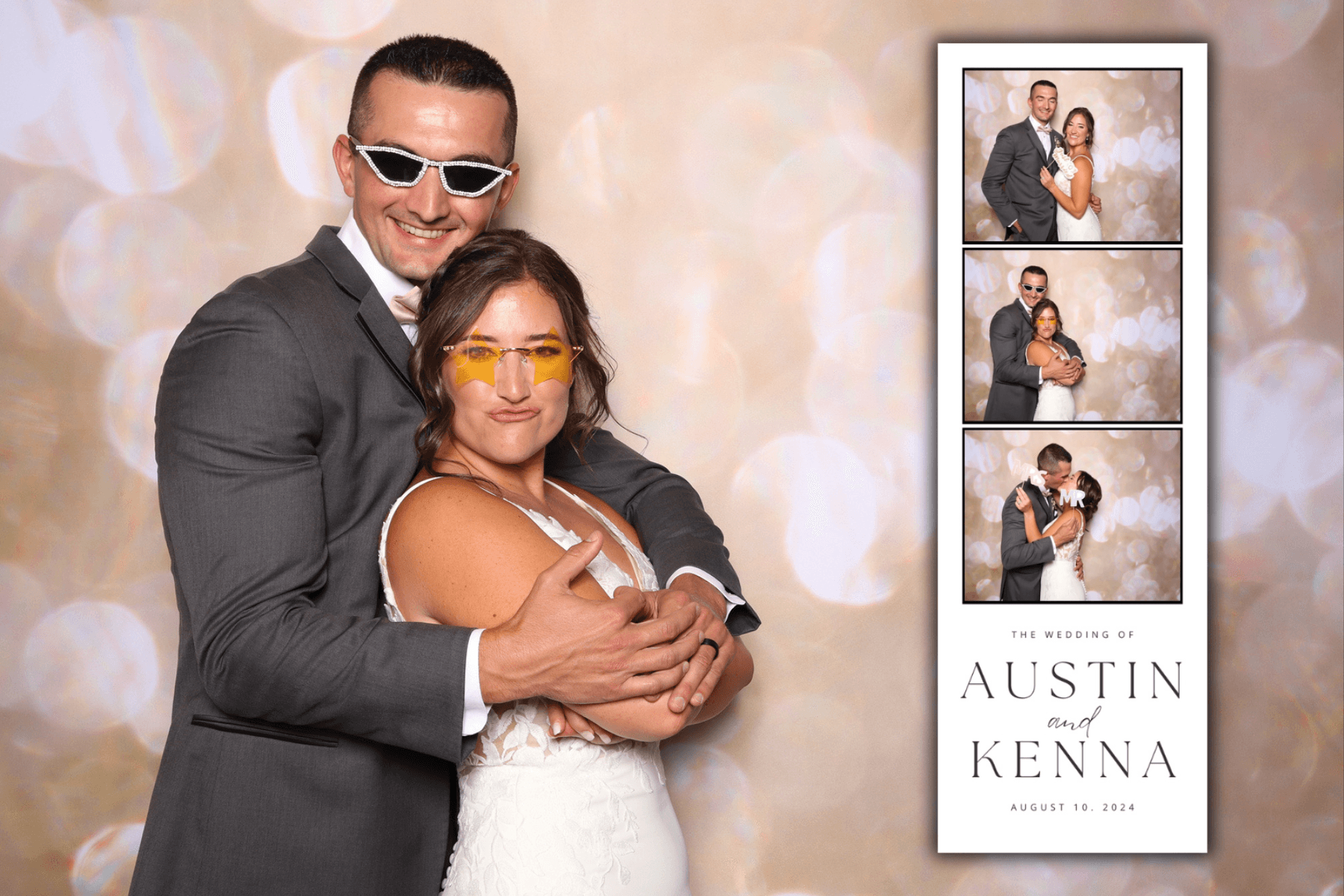 Couple embracing in front of a warm bokeh photo booth backdrop