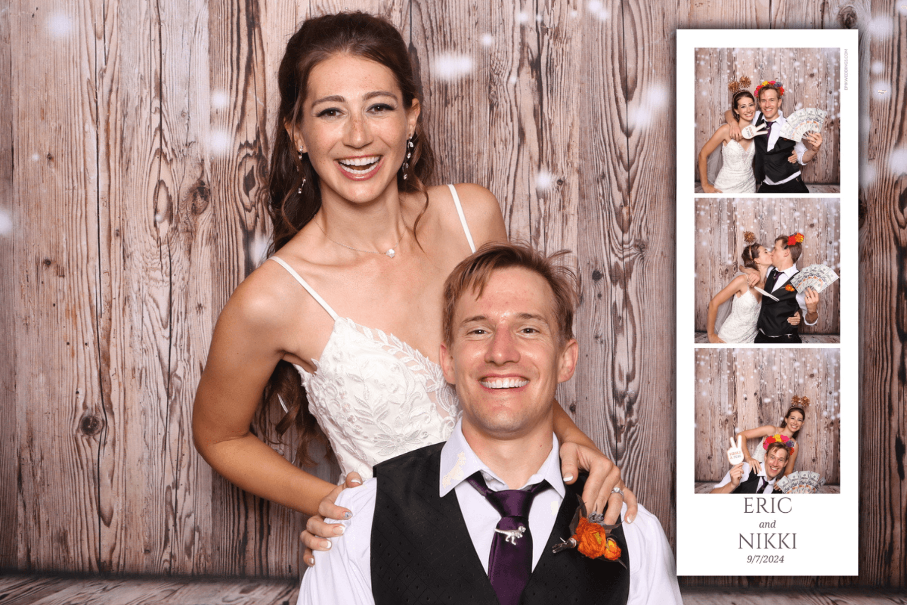 Eric and Nikki rustic wood photo booth print with a snow effect